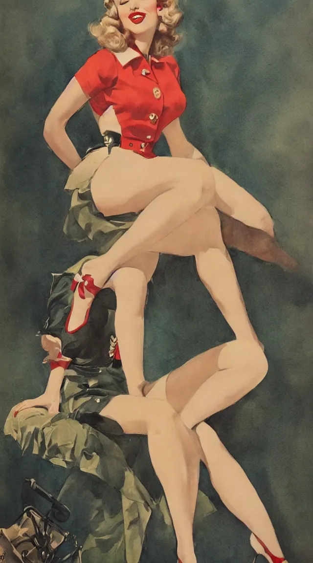 Image similar to a portrait one full body pin up post war dressing a military unioform,water color, Gil Elvgren style