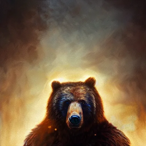 Image similar to realistic bear beast-man portrait, atmospheric lighting, painted, intricate, volumetric lighting, beautiful, rich deep colors masterpiece, golden hour, sharp focus, ultra detailed, by Leesha Hannigan, Ross Tran, Thierry Doizon, Kai Carpenter, Ignacio Fernández Ríos