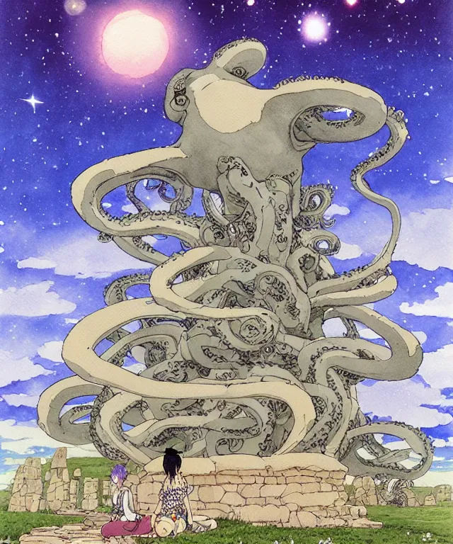 Prompt: a hyperrealist studio ghibli watercolor fantasy concept art. in the foreground is a giant grey octopus sitting in lotus position on top of stonehenge with shooting stars all over the sky in the background. by rebecca guay, michael kaluta, charles vess