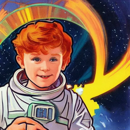 Prompt: a cute little boy with a mischievous face and short ginger hair. he is dressed as an astronaut. well composed, clean elegant painting, beautiful detailed face. painting by steve ditko and jack kirby and ( alphonse mucha )