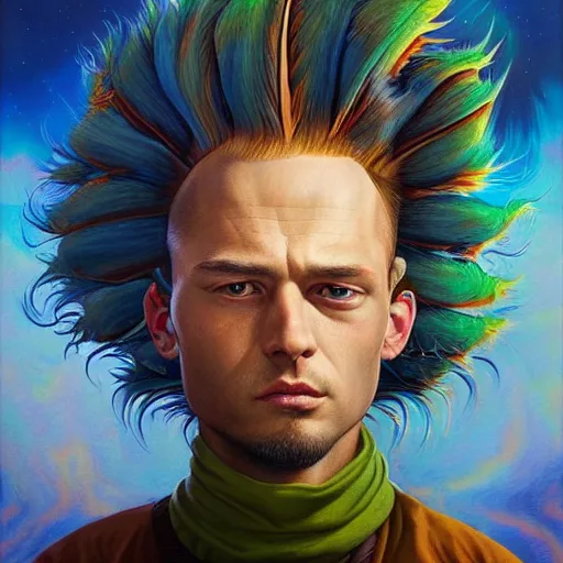 Image similar to lucky mohawk projector portrait by gaston bussierre and charles vess and james jean and erik jones and rhads, inspired by rick and morty, epic, funny, huge scale, beautiful fine face features, intricate high details, sharp, ultradetailed