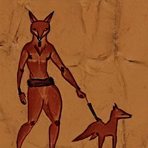 Prompt: neolithic cave painting of a half-fox warrior. strong and powerful anthropomorphic fox. gorgeous eyes. Bipedal foxman holding spear. Heiroglyphic art. carvings, cave scratches in cave wall. art by homo erectus. earthen colors