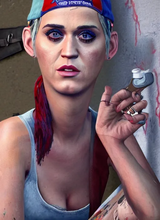 Image similar to Highly detailed full-body portrait of homeless Katy Perry, in GTA V, Stephen Bliss