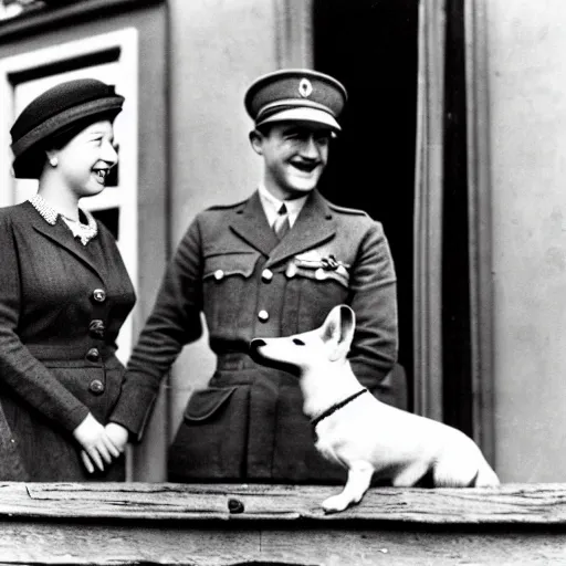 Image similar to 1 9 4 6 historical photo 1 3 5 mm of a single german general and a young queen elizabeth, a cute corgi watches, french village interior, highly detailed, sharp focus, symmetrical face