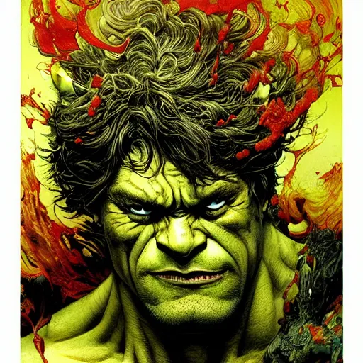 Prompt: detailed head and shoulders portrait of struggling Hulk by Ayami Kojima, Amano, Karol Bak, Greg Hildebrandt, and Mark Brooks, rich deep colors. Beksinski painting, part by Adrian Ghenie and Gerhard Richter. art by Takato Yamamoto. medium shot. masterpiece . intricate artwork by Tooth Wu and wlop and greg manchess, greg rutkowski, very coherent artwork, cinematic, hyper realism, high detail, octane render, unreal engine, 8k, Vibrant colors, Smooth gradients, High contrast. by Katsuhiro Otomo, inspired by anime, movie grain, intricate detail, extremely detailed. painting by Arthur Rackham, Eugene de Blaas, Frederic Leighton