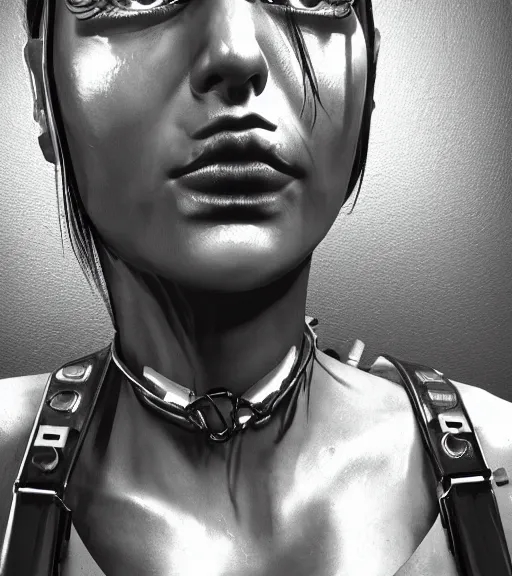 Image similar to detailed realistic female character cyberpunk wearing thick steel collar around neck, realistic, art, beautiful, 4K, collar, choker, collar around neck, punk, artstation, detailed, female, woman, choker, cyberpunk, neon, punk, collar, choker, collar around neck, thick collar, tight around neck, punk,