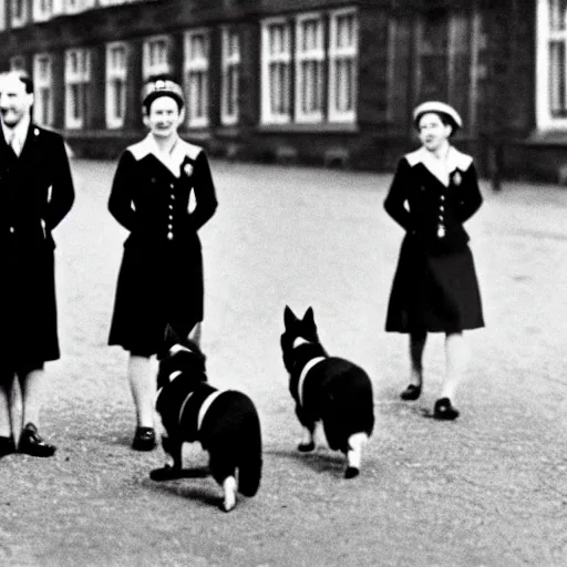 Image similar to ultra wide historical photo of young queen elizabeth and her corgis conquering nazi germany, sharp focus, highly detailed