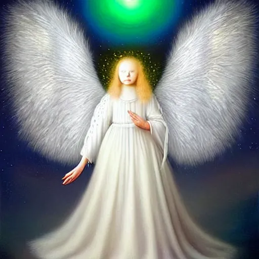 Prompt: highdetailed hyperrealistic painting of white angel!!! no gender!!!, giant ball of miracle light from the chest!!!!!, white sparkles everywhere, 4 k hd fur face!!!, big wings, by jan van eyck, holography space, glow effect, large strokes, soft and clean, white monochrome color!!!!!