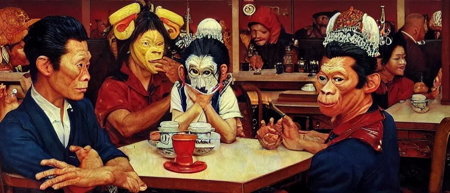 Prompt: Monkey King at a diner, head and shoulders portrait, extremely detailed masterpiece, Roger Deakin’s cinematography, oil on canvas, Norman Rockwell.