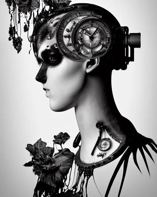 Image similar to black and white dreamy foggy poetic smoky profile face portrait, one silver steampunk realistic eye biomechanical beautiful angelic young female cyclope - cyborg - robot bust, body ribs meshes,, volumetric light, hibiscus flowers, by dora maar, rim light, big gothic fashion pearl embroidered collar, 8 k