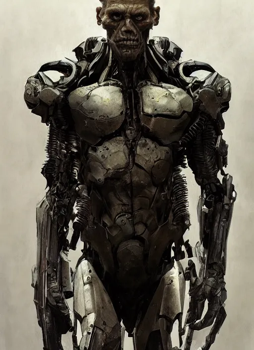 Image similar to willem dafoe as victor stone, full body concept, cyborg, borg, strogg, face of a man, terminator, flesh, quake strogg, doom demon, wolfenstein, monstrous, symmetry, symmetrical, concept art by ruan jia and greg rutkowski