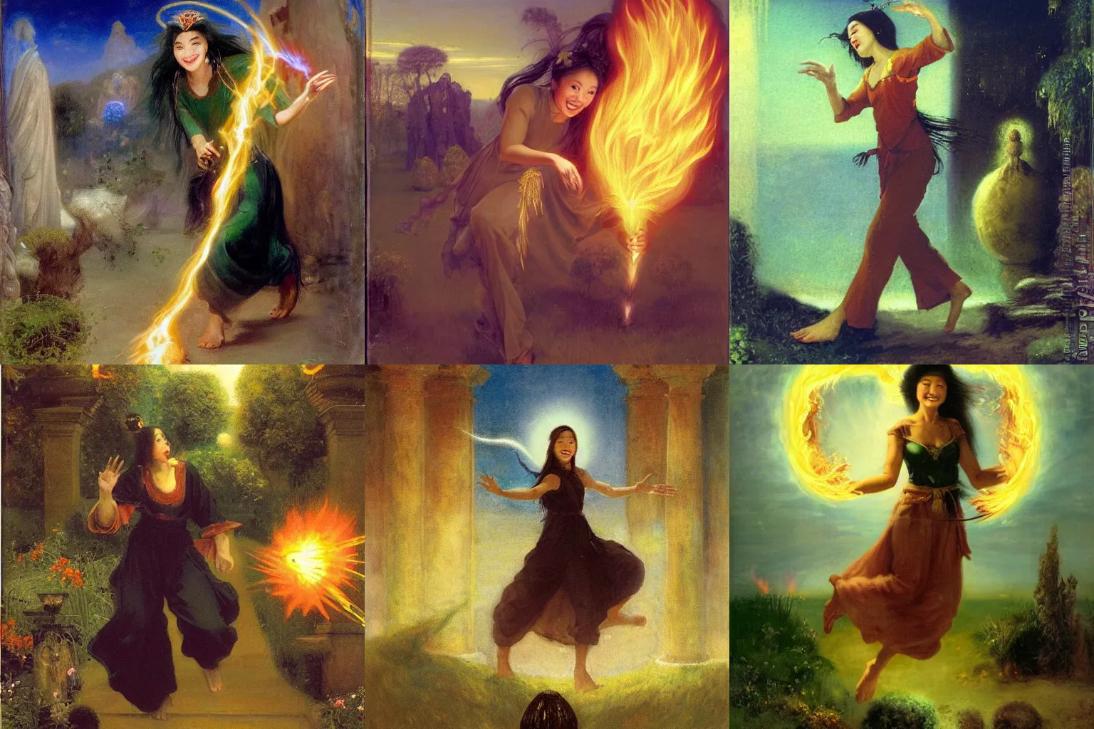 Prompt: smiling hapa sorceress in trousers wearing trousers casting a fireball and chasing will-o-wisps in a garden, orthodox saint, by Arnold Böcklin, breathtaking digital 2d cover art