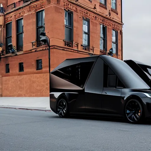 Image similar to the Tesla Cybertruck as a limousine, painted pure black