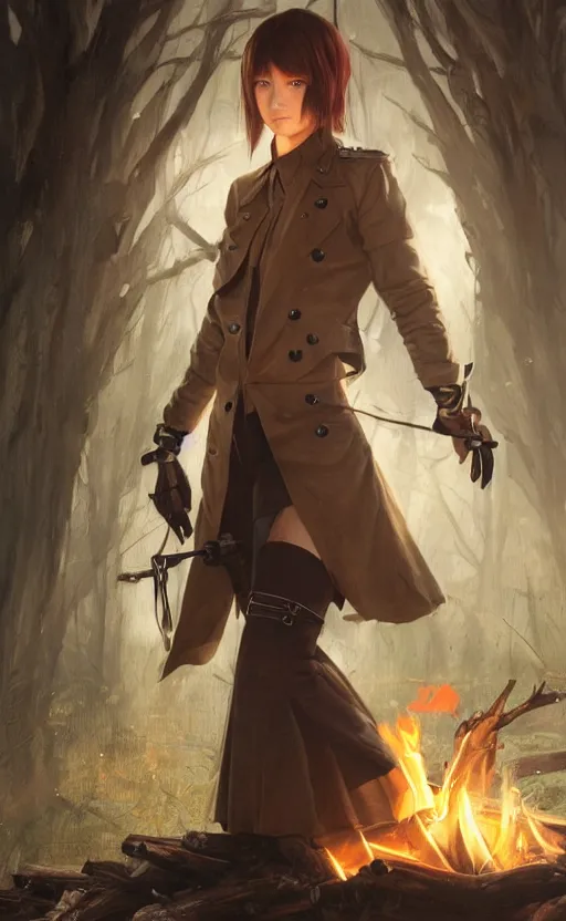 Image similar to a girl from final fantasy live action, with short black hair and green eyes in a tan trenchcoat sitting on a log and drinking tea by the campfire by her dieselpunk motorcycle at night, award winning, masterpiece digital painting by greg rutkowski, alex grey, artstation, 4 k wallpaper