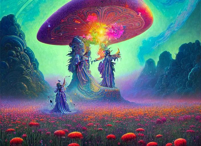 Image similar to a beautiful painting of a large alien shrine shrouded by mystic nebula magic in a field of flowers by moebius and android jones, oil on canvas sharp, details, hyper - detailed, hd, hdr, 4 k, 8 k