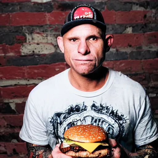 Image similar to high resolution photograph of John Joseph, the singer of the Cromags eating a cheeseburger