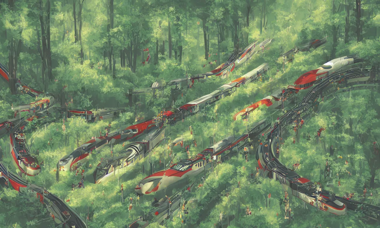 Prompt: fairy tale of a bullet train riding forested blobs, digital art, 3d, illustration