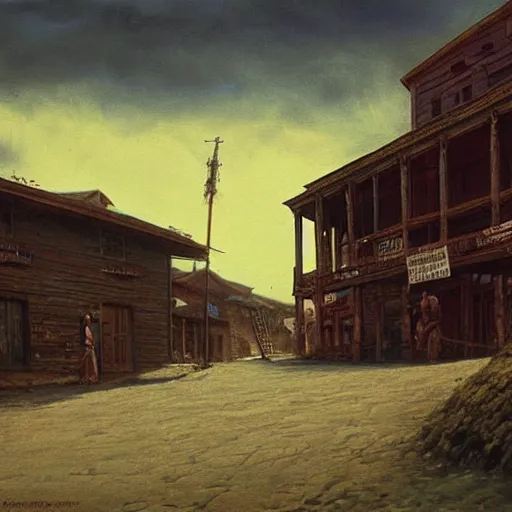 Prompt: from a movie scene, painting of a western saloon exterior in old town, beksinski, cinematic wide shot