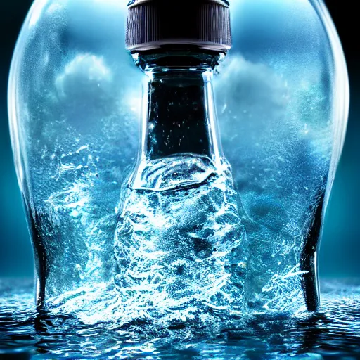 Image similar to a human head in a bottle, water art manipulation, on the ocean water, futuristic, glowing, hyper realistic, ray tracing, realistic water splashes, sharp focus, long shot, 8 k resolution, cinematic, photoshop art