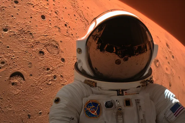 Prompt: mars surface reflection on astronauts helmet, close up shot