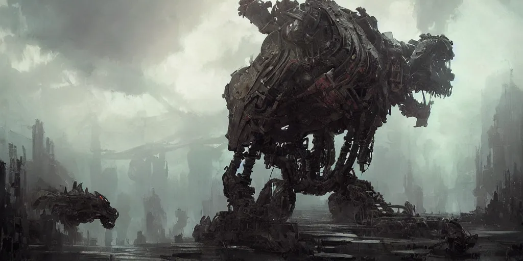 Image similar to beautiful painting by jeremy mann, a mechanical jaguar creature of horizon forbidden west horizon zero dawn, concept art by artgerm and greg rutkowski, fantasy, desaturated, ominous, unsettling, sharp focus, octopath traveler, unreal engine highly rendered, global illumination, dramatic lighting, misty
