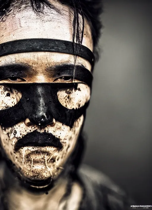 Image similar to samurai portrait photo, wearing all black mempo mask, after a battle, war scene, dirt and unclean, extreme detail, cinematic, dramatic lighting render, extreme photorealism photo by national geographic, hendrick kerstens, masterpiece