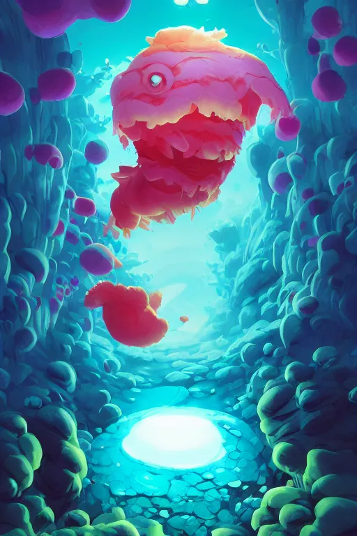 Image similar to smurf ghost creature animal sushi cristal very big eye roots cactus elemental flush of force nature micro world fluo fishscale, behance hd by jesper ejsing, by rhads, makoto shinkai and lois van baarle, ilya kuvshinov, rossdraws radiating a glowing aura global illumination ray tracing hdr