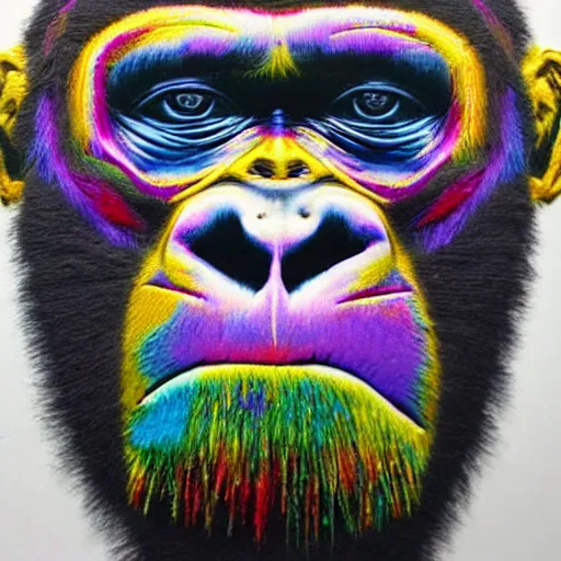 Prompt: hyper realis. portrait, embroidery, gorilla face made out of multi-coloured yarn, psychedelic,