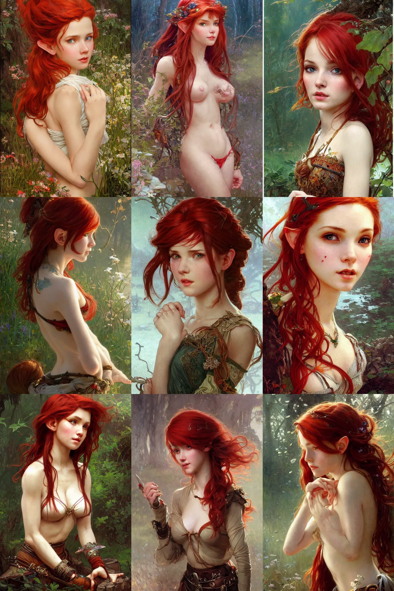 Prompt: alluring highly detailed portrait of attractive young elf girl with red hair, very detailed, realistic, by Stanley Artgerm Lau, greg rutkowski, thomas kindkade, alphonse mucha, loish, norman rockwell J.