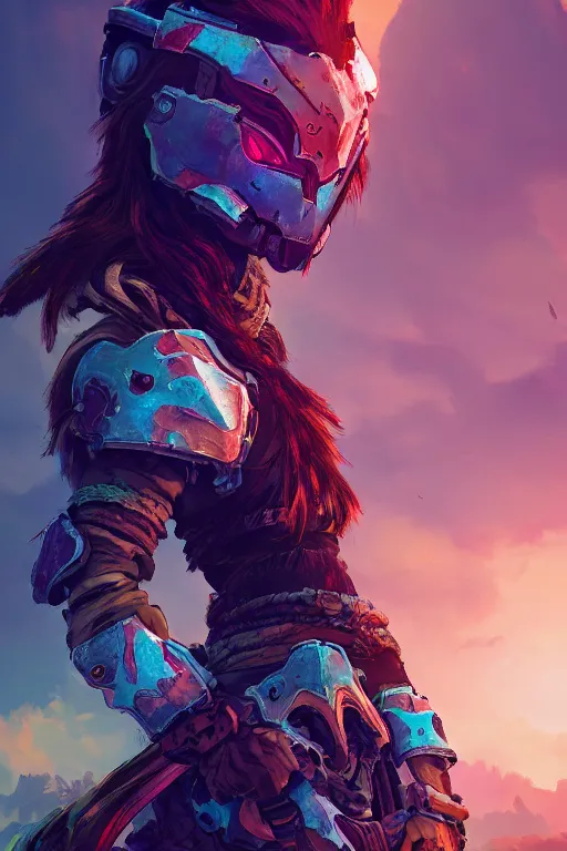 Image similar to combination suit armor aloy horizon forbidden west horizon zero dawn radiating a glowing aura global illumination ray tracing hdr fanart arstation by ian pesty and alena aenami artworks in 4 k tribal robot ninja mask helmet backpack