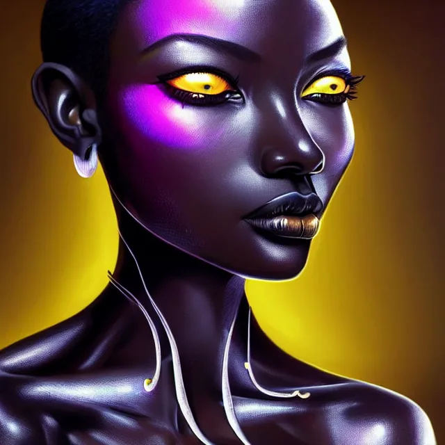 Image similar to african supermodel woman turning into an android portrait, dark surrealism, scifi, intricate, ornate, elegant, sharp eyebrows, platinum hair, highly detailed cybernetic body, neon glowing eyes, digital painting, artstation, concept art, smooth, sharp focus, illustration, art by artgerm and moebius and alphonse mucha