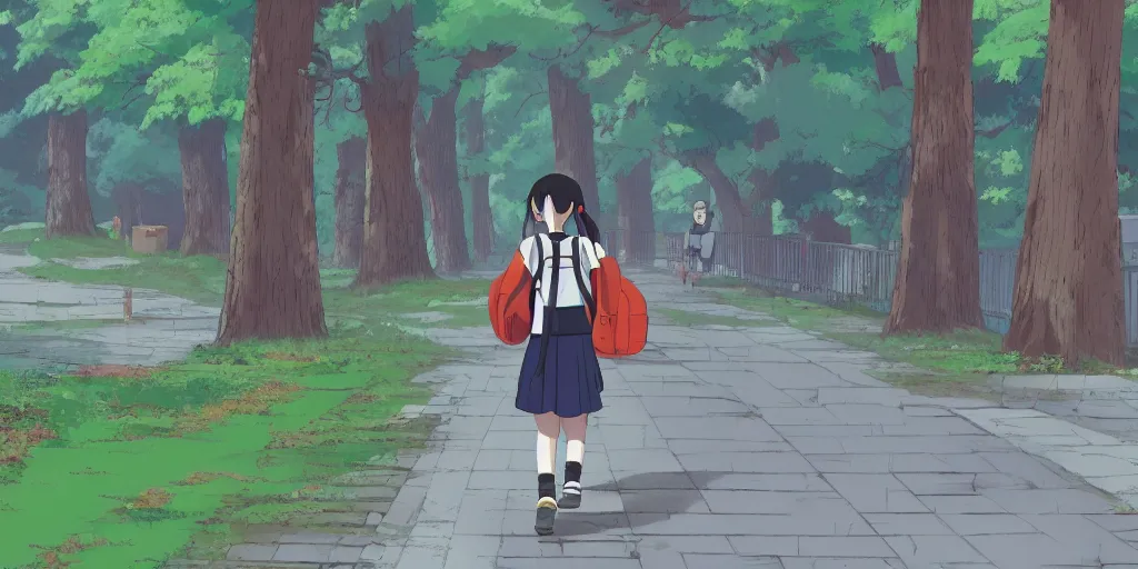 Image similar to schoolgirl with backpack walking home from school in a japanese suburb with high redwood trees. puddles after the rain. neo - georgian city blocks and stone brick retaining walls near the sidewalk. anime studio ghibli screenshot trending on artstation.