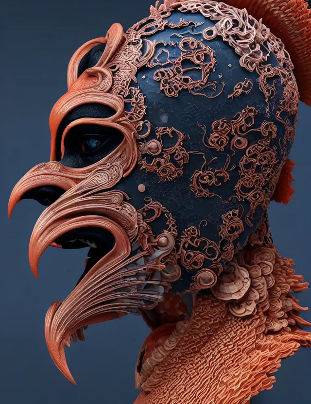 Image similar to 3 d hard surface modelling goddess close - up profile portrait with ram skull. beautiful intricately detailed japanese crow kitsune mask and clasical japanese kimono. betta fish, jellyfish phoenix, bio luminescent, plasma, ice, water, wind, creature, artwork by tooth wu and wlop and beeple and greg rutkowski