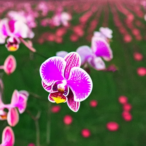 Image similar to Colorful orchid flower blossoming in field of flowers, climax, overwhelming, brilliant, cinematic, epic, 8k, sharp focus, color grain 35mm, tilt-shift, dslr, high detail