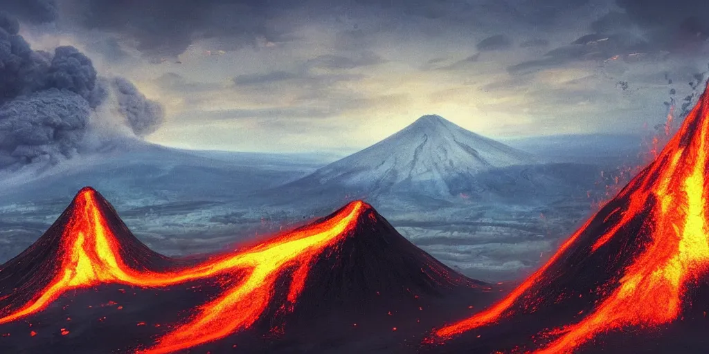 Image similar to a volcano erupting and lava sliding down to a village, wide angle, super highly detailed, professional digital painting, artstation, concept art, smooth, sharp focus, no blur, no dof, extreme illustration, Unreal Engine 5, Photorealism, HD quality, 8k resolution, cinema 4d, 3D, beautiful, cinematic, art by artgerm and greg rutkowski and alphonse mucha and loish and WLOP