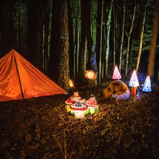 Prompt: photo of toad birthday party in the woods at night