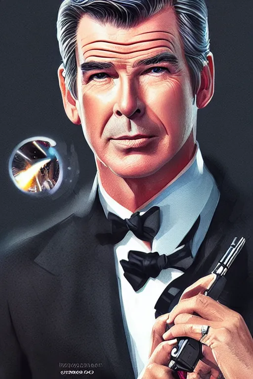 Image similar to Pierce Brosnan as James Bond, digital art by Artgerm and beeple and WLOP