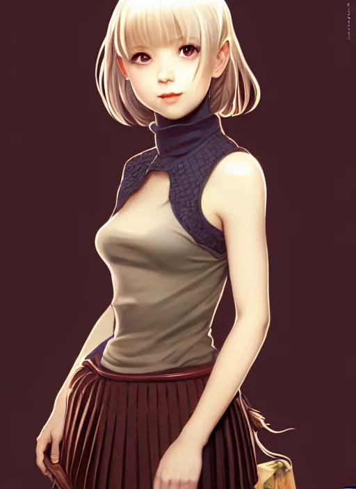 Image similar to portrait of a full body of beautiful young female detective, d & d, sleeveless turtleneck, pleated skirt, fantasy, flat lighting, intricate, highly detailed, digital painting, artstation, concept art, smooth, sharp focus, illustration, misa amane, art by simon bisley and greg rutkowski and alphonse mucha, natural tpose