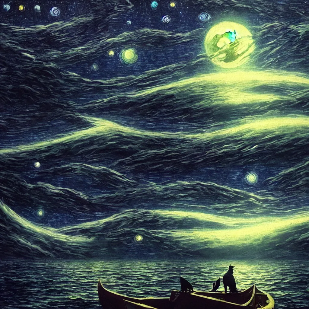 Image similar to matte painting. it's the way of a cosmic sailor, in a boat in the night, but the wolves are not scaring him, starry night, glow, beautiful milkyway, scary, sifi, deep space, dark cyberpunk