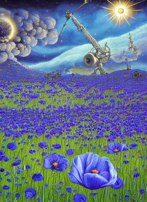 Image similar to detailed, intricate blue black and purple papaverum flower on the field, nebula, galaxy in the sky, winning award masterpiece, fantastically beautiful, illustration, aestheticly inspired, jacek yerka, upscale with anguissola sofonisba work, artstation, 8 k