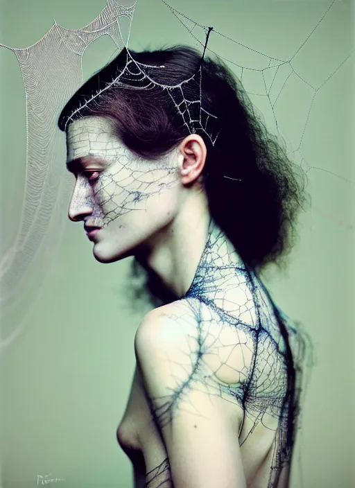 Image similar to Kodak Portra 400 of a beautiful woman, highly detailed, young robin write style 3/4 , fine art portrait photography by Paolo Roversi, face and body merging with opalescent spiderwebs with drops, elegant bust and neck with intricate spiderwebs details, symbolic metamorphosis complex 3d render , 150 mm lens, art nouveau fashion embroidered, elegant, hyper realistic, ultra detailed, octane render, soft colours scheme, emotionally evoking, head in focus, fantasy, soft blur background light, volumetric lighting, Refined, Highly Detailed, fine art fashion magazine style, 8k post production