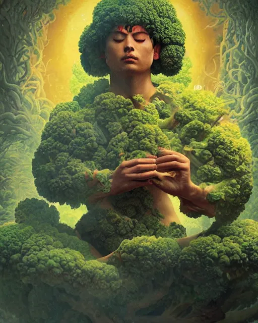 Image similar to detailed photo of meditating broccoli monk, beautiful, 8 k, by tristan eaton, stanley artgermm, tom bagshaw, greg rutkowski, carne griffiths, trending on deviantart, hyper detailed, glorious lighting, epic environment