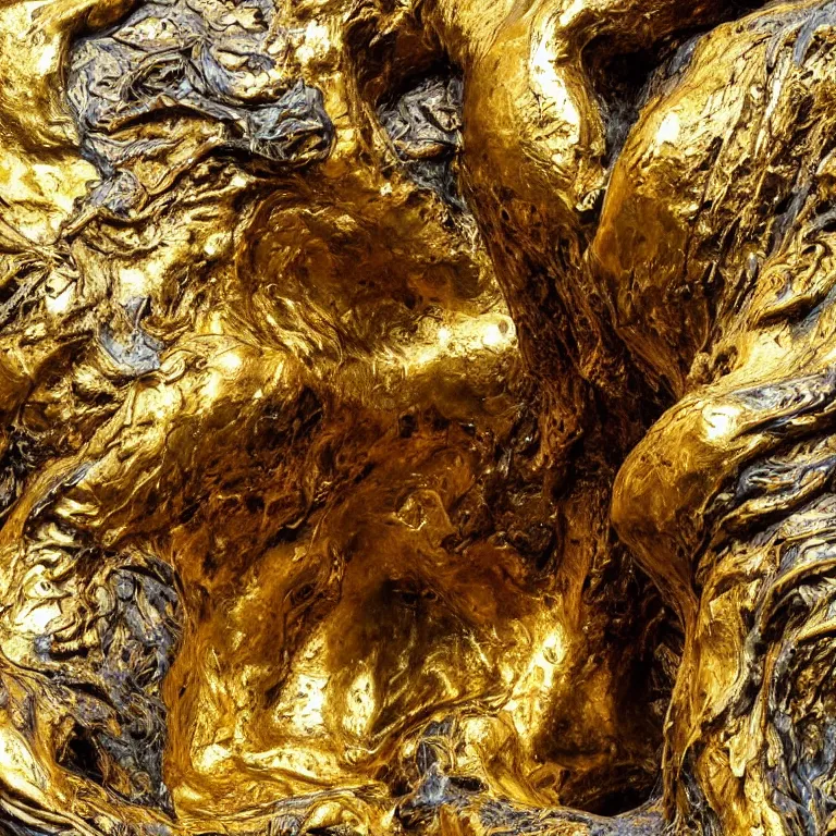 Prompt: vintage color photo of a giant 1 1 0 million years old abstract liquid gold sculpture shining and covered by the alien exotic megaflora