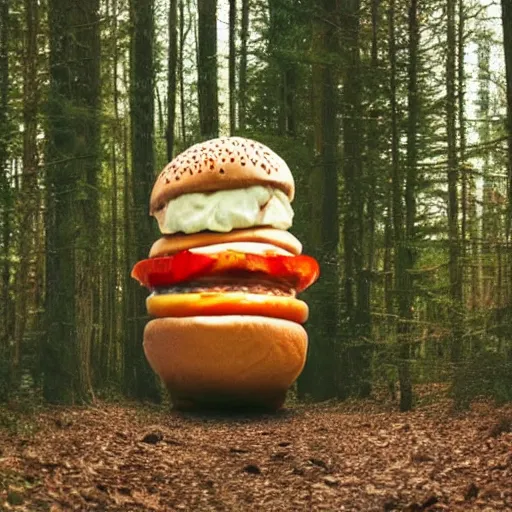 Prompt: Found footage of a giant walking hamburger in the forest