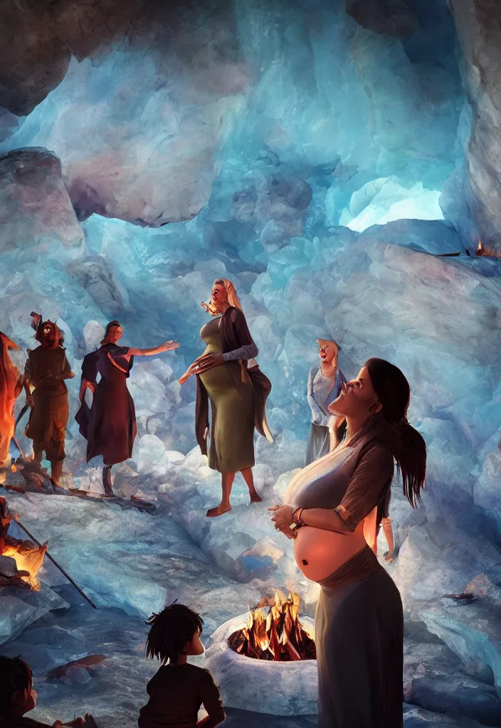 Image similar to epic leader pregnant woman talking to all her tribe around a bonfire, proud people looking at the pregnant woman, ice cave, facinating, fantasy digital art, octane render, beautiful composition, trending on artstation, coherent, masterpiece, photorealistic