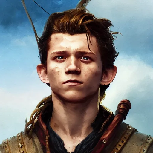 Image similar to tom holland as a pirate, fine face, face focused, fine detailed face, long hair, realistic shaded lighting poster by greg rutkowski, magali villeneuve, artgerm, jeremy lipkin, michael garmash, rob rey, cinematic lighting, sharp focus, highly detailed attributes and atmosphere