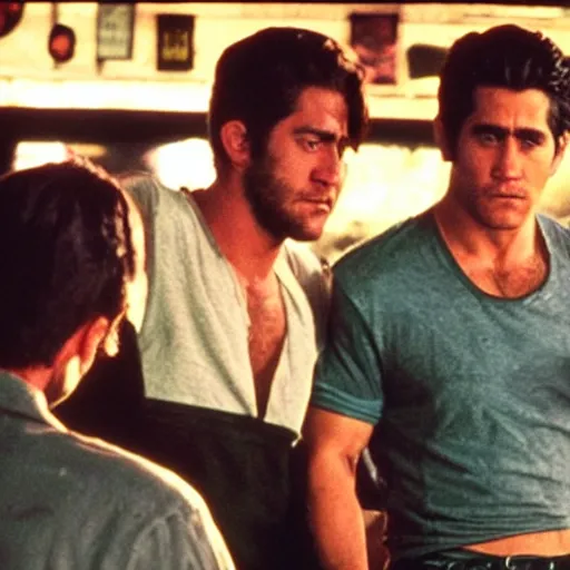 Prompt: cinestill of Jake Gyllenhaal fighting three men in a bar in the movie Road house