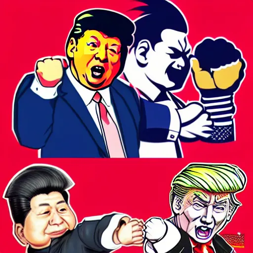 Image similar to xi jinping vs donald trump, street fighter, fight, fistfight, digital art, cartoon style