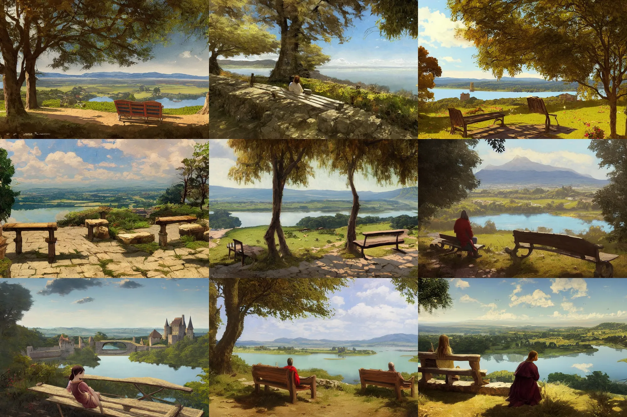 Prompt: medieval vista with lake at its base near city of carcassonne, there is a simple bench on a vista by stanley artgerm lau, wlop, rossdraws, frank frazetta, andrei riabovitchev, marc simonetti, tranding on artstation