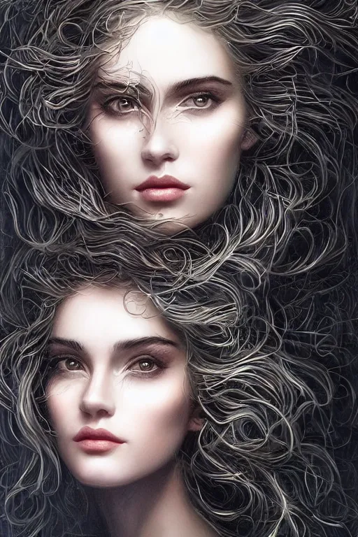 Image similar to one beautiful young woman's face, magical, windblown, intricate, synth-wave, retrowave, highly-detailed, elegant, dramatic lighting, gorgeous face, lifelike, photorealistic face, long luxurious intricate gown, digital painting, artstation, illustration, concept art, smooth, sharp focus, art by Craig Russel, Barry Smith, artgerm, and Albert Aublet and Krenz Cushart and Artem Demura and Alphonse Mucha